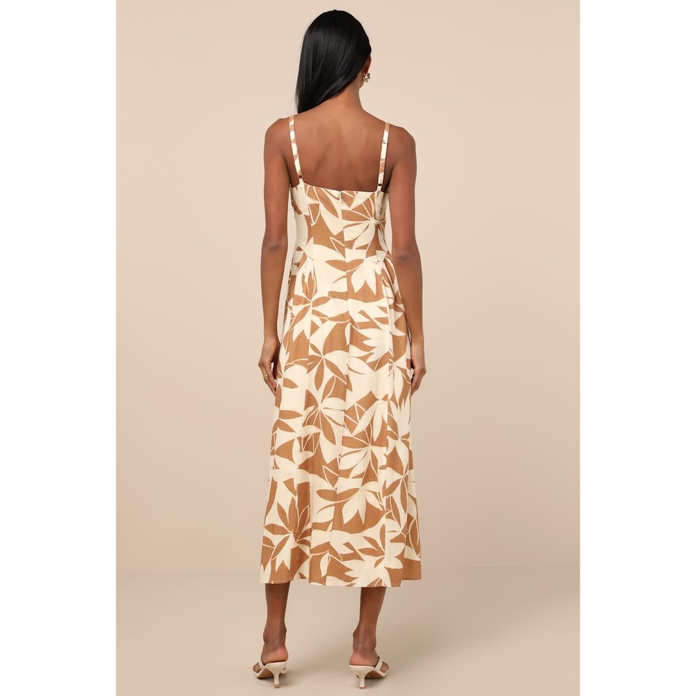 Lulus Tropical Leaf Print Bustier Midi Dress Tan‎ Cream Linen Blend Summer S - Picture 3 of 14
